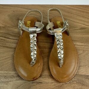 New Big Kids Girls‎ Mia Annae Gold Faux Leather Braided T-Strap Sandals Size 1 Y